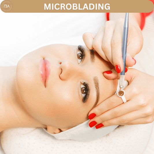 Frau erhält Microblading-Behandlung mit präzisem Werkzeug und aufmerksamem Ausdruck.