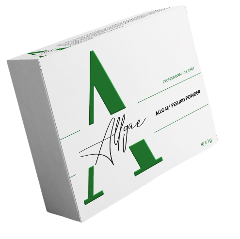 Allgae peeling set packaging, designed for professional use, with 10 individual 1g packets for skin regeneration.