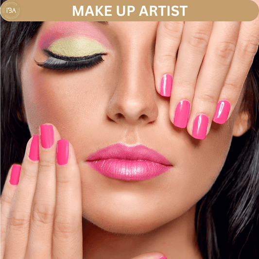 Make-up artist showcasing vibrant makeup and nail polish in a creative beauty pose.